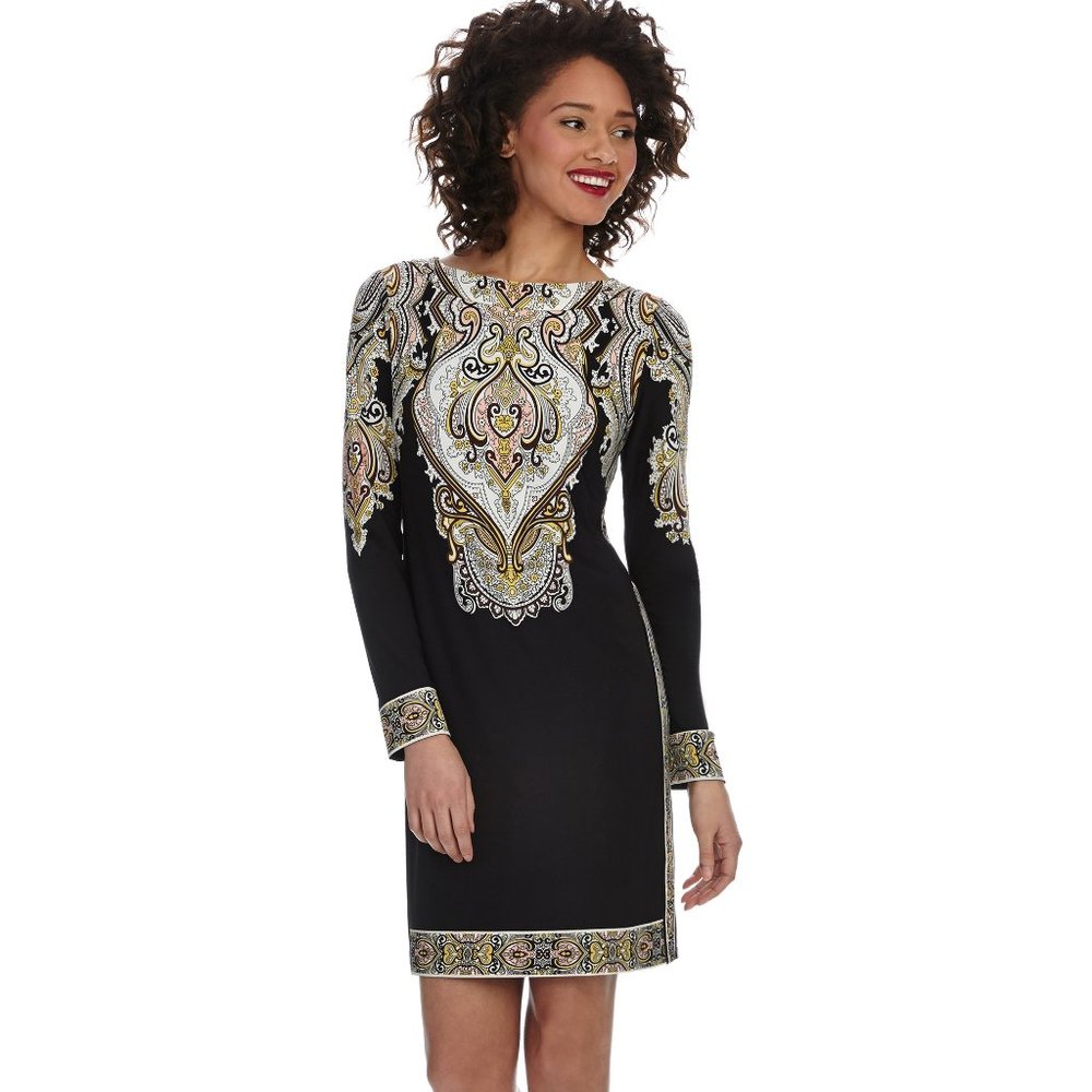 DONNA MORGAN BLACK AND WHITE INTRICATE DESIGN SHEATH DRESS